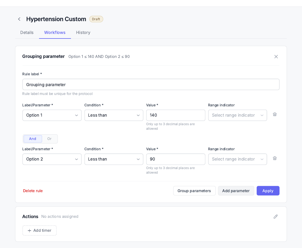 The original no-code protocol authoring interface: a draft hypertension workflow contains a unique rule label, two parameter rows joined by an AND control, rule actions, and an Actions panel.